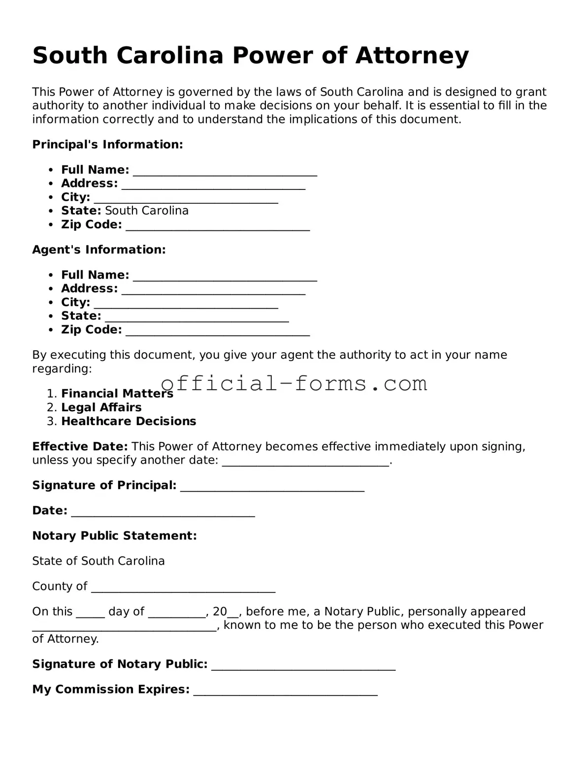 Official South Carolina Power of Attorney Document