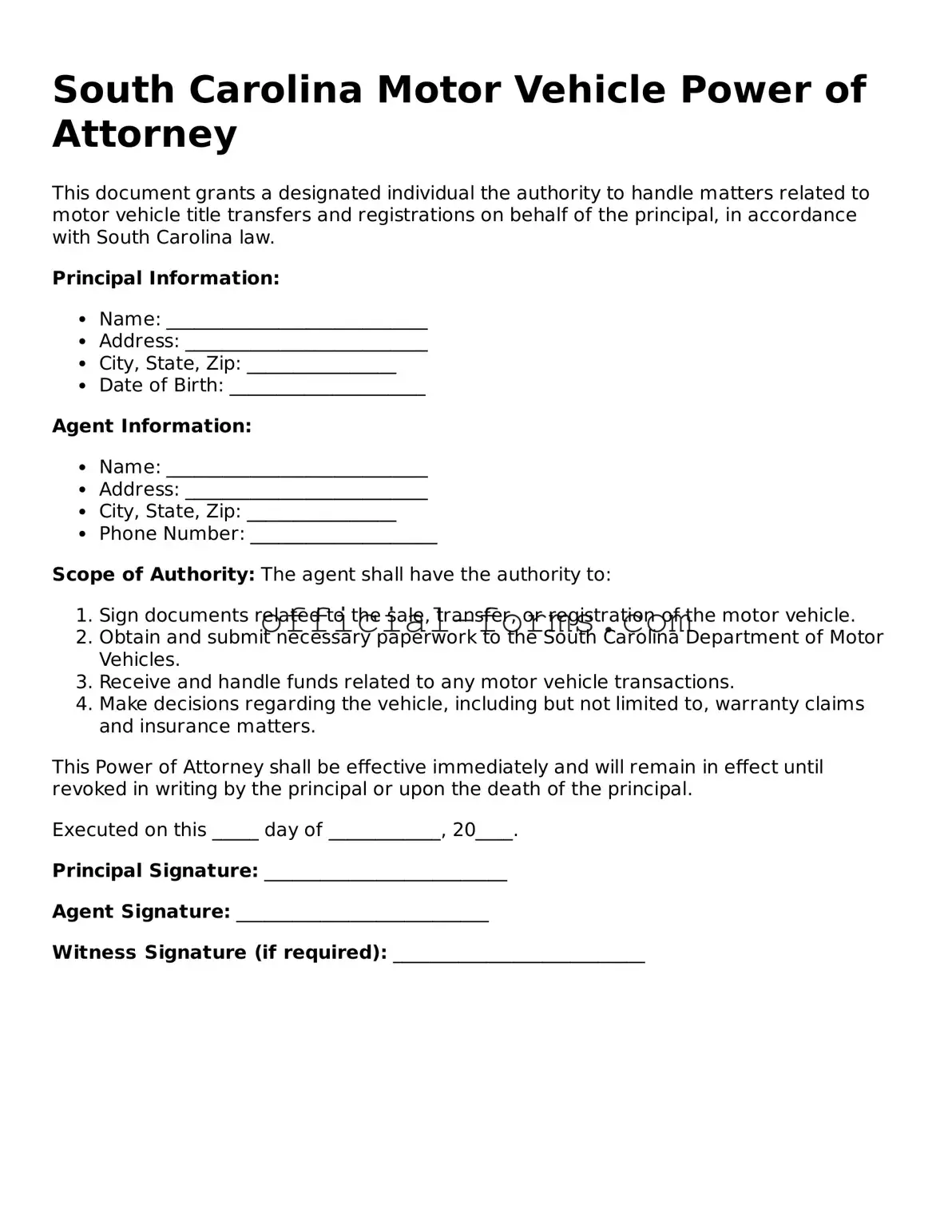 Official South Carolina Motor Vehicle Power of Attorney Document