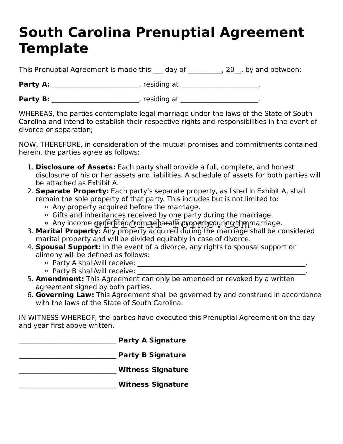 Official South Carolina Prenuptial Agreement Document