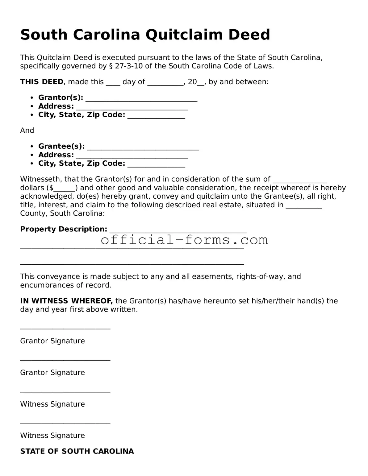 Official South Carolina Quitclaim Deed Document