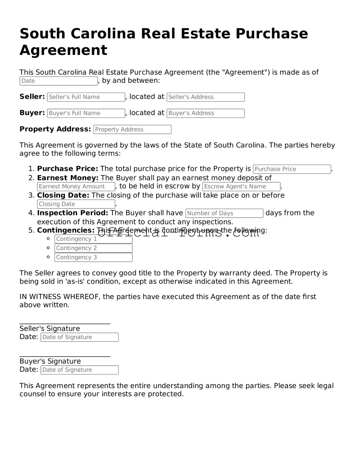 Official South Carolina Real Estate Purchase Agreement Document
