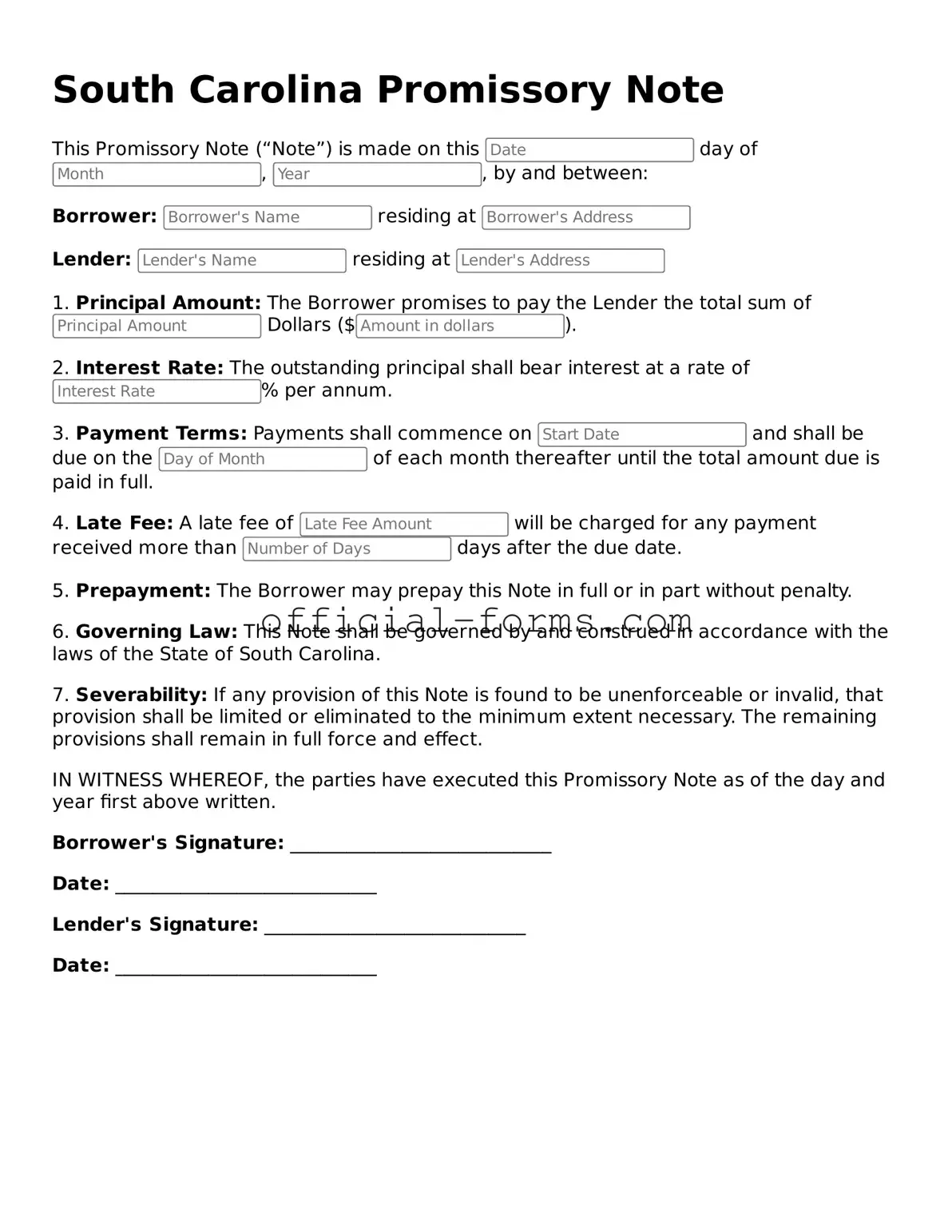 Official South Carolina Promissory Note Document