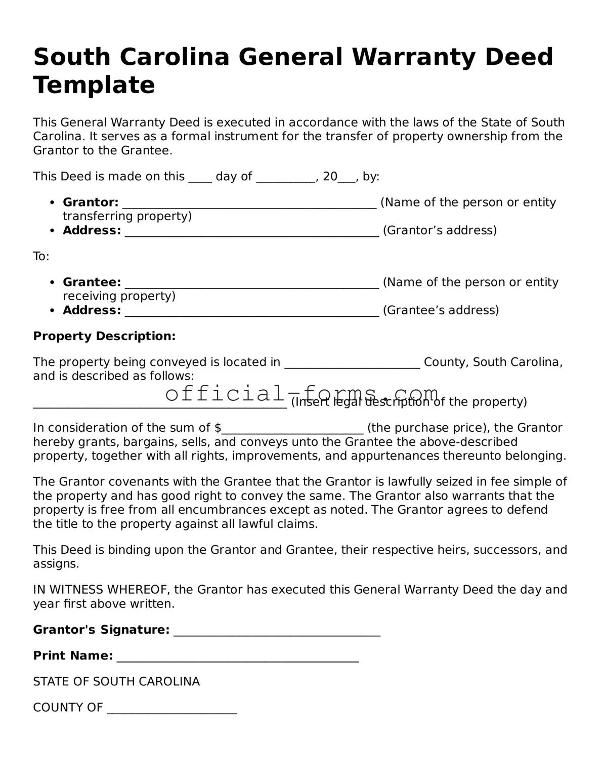 Official South Carolina Deed Document