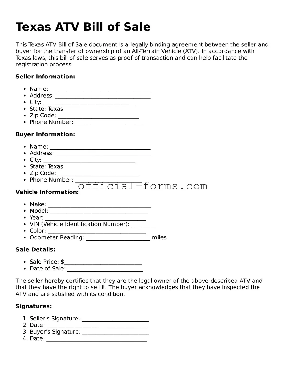 Official Texas ATV Bill of Sale Document