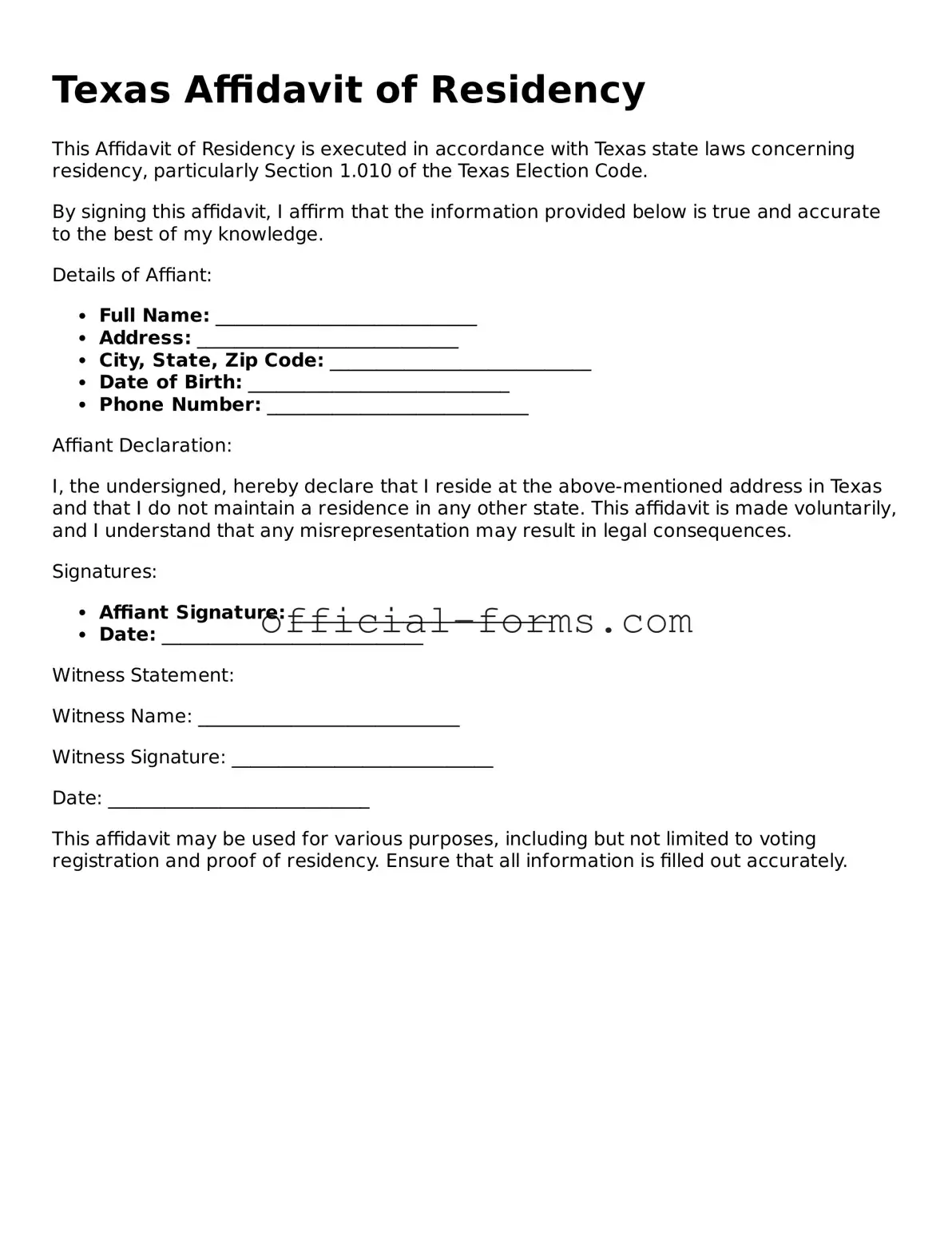 Official Texas Affidavit of Residency Document