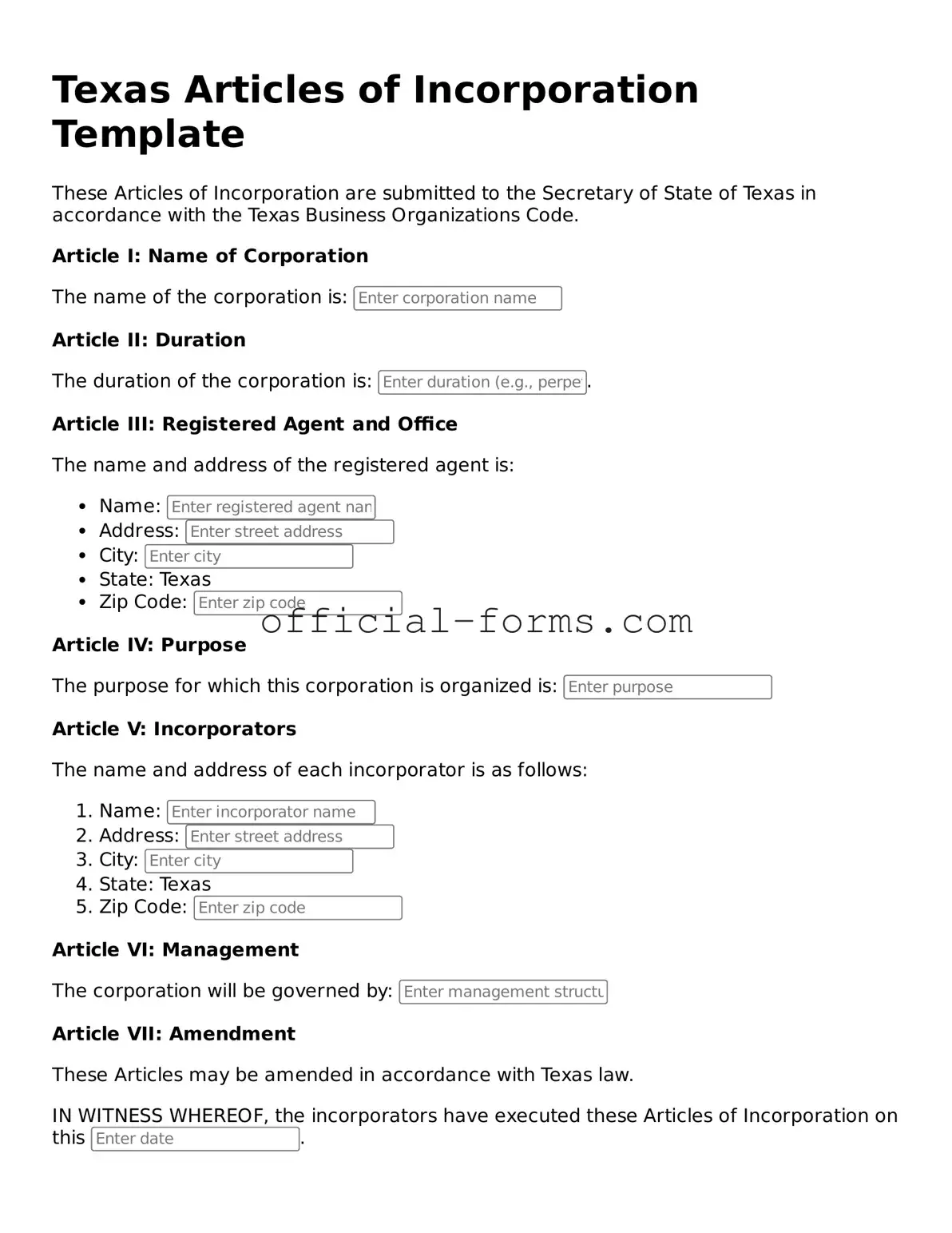 Official Texas Articles of Incorporation Document