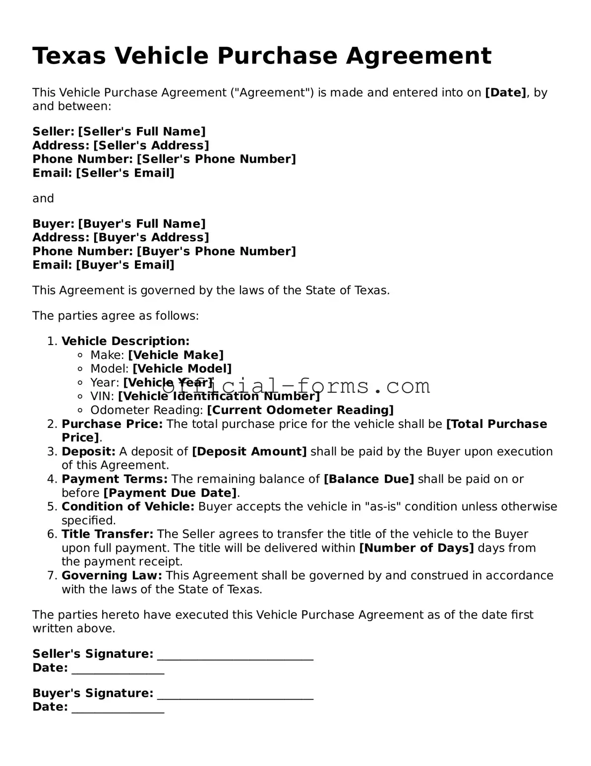 Official Texas Vehicle Purchase Agreement Document