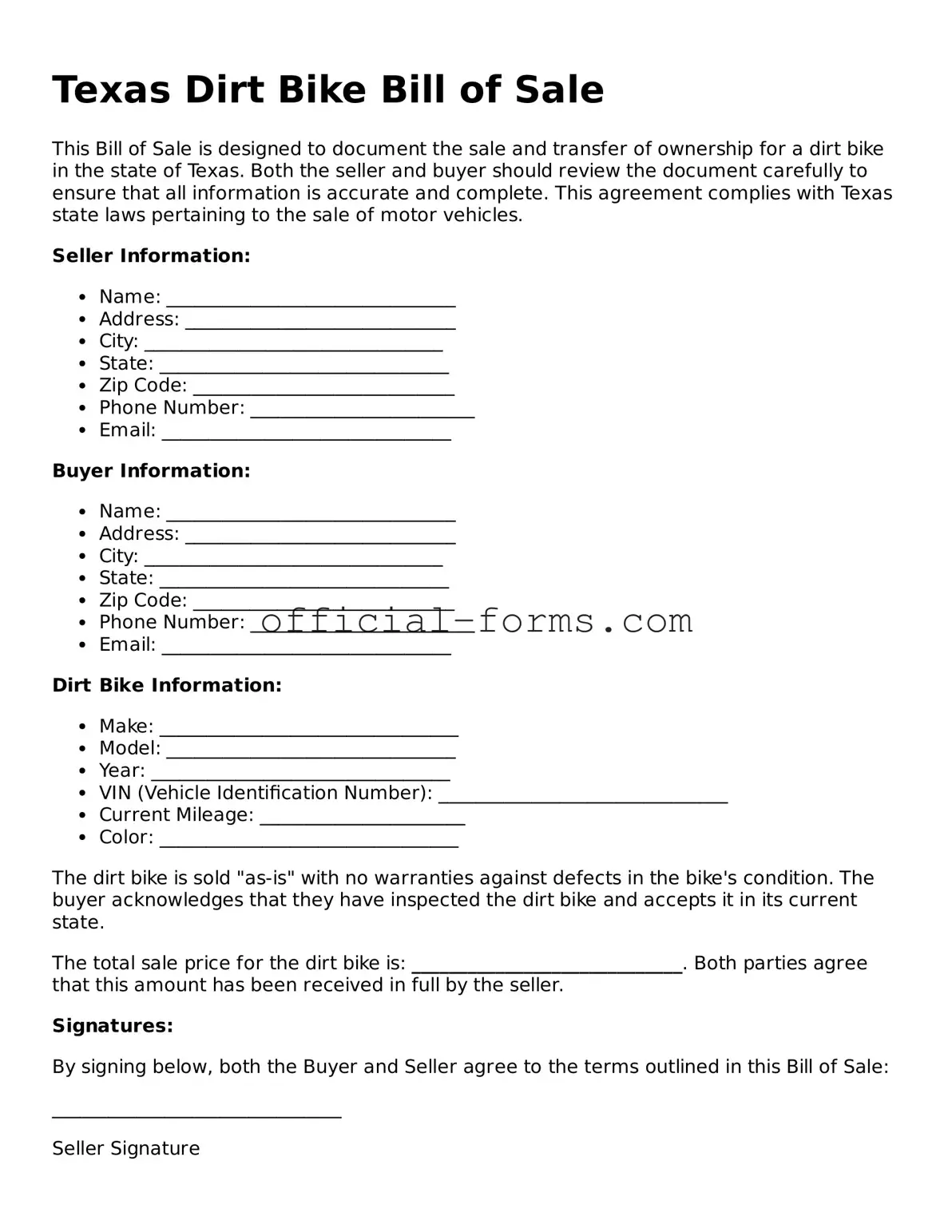 Official Texas Dirt Bike Bill of Sale Document