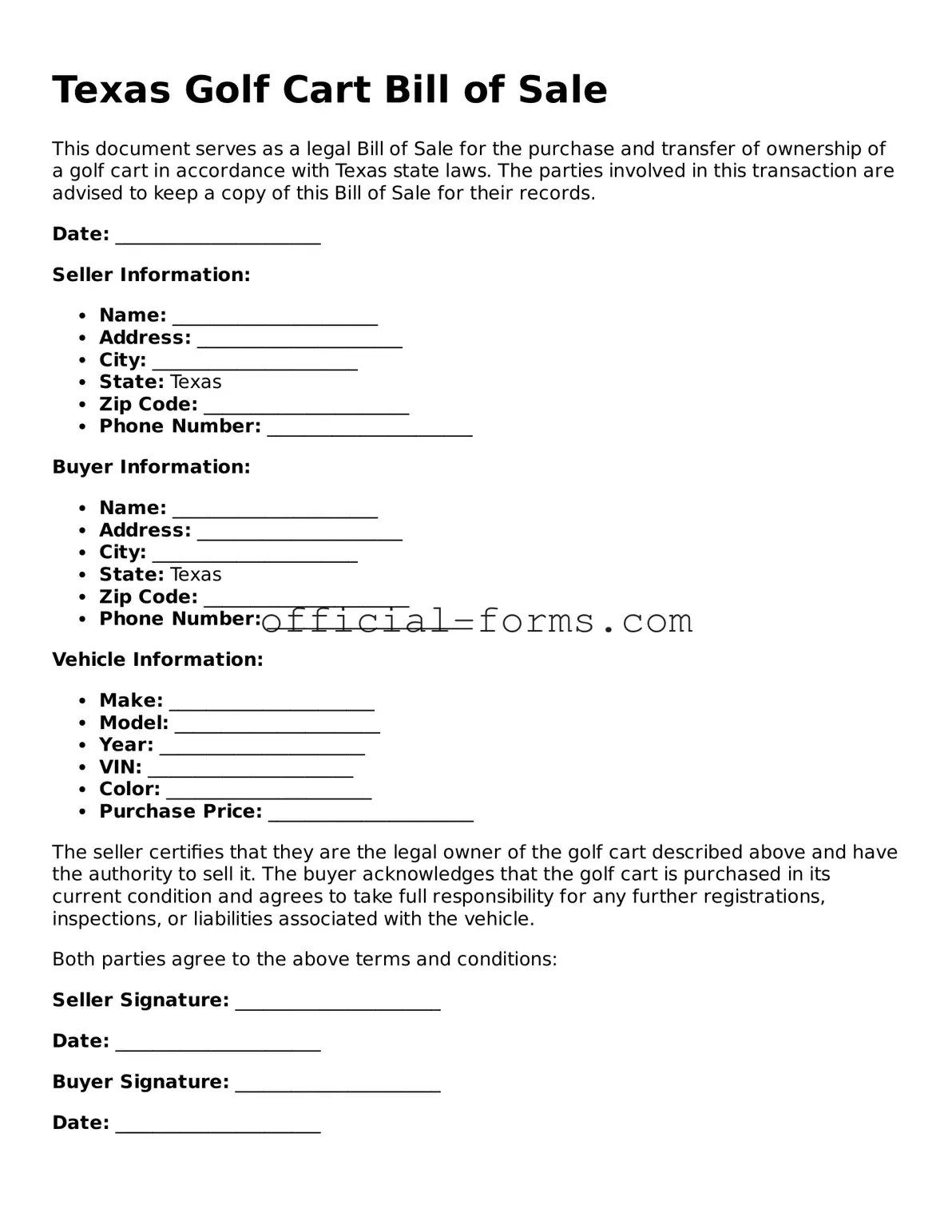 Official Texas Golf Cart Bill of Sale Document