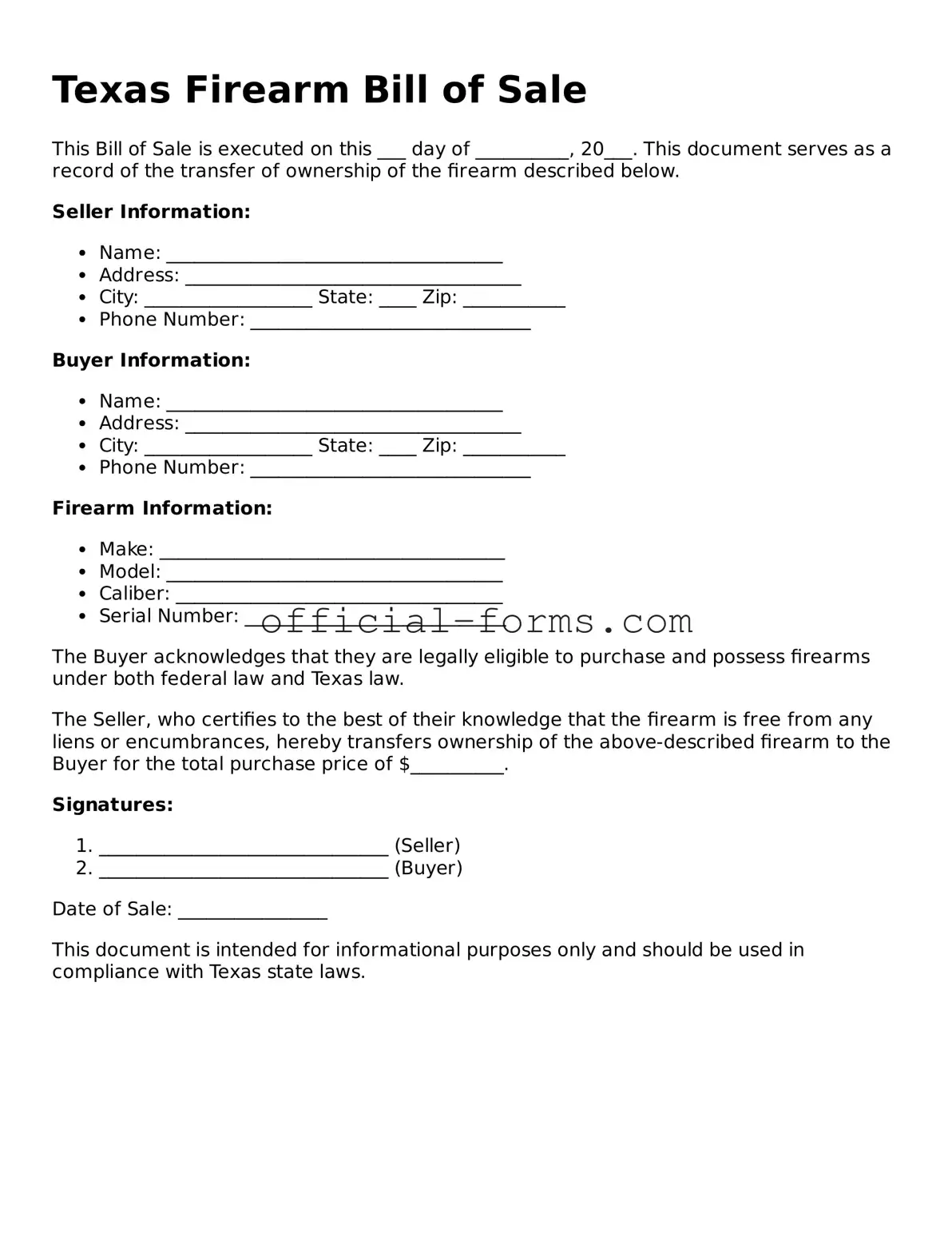 Official Texas Firearm Bill of Sale Document