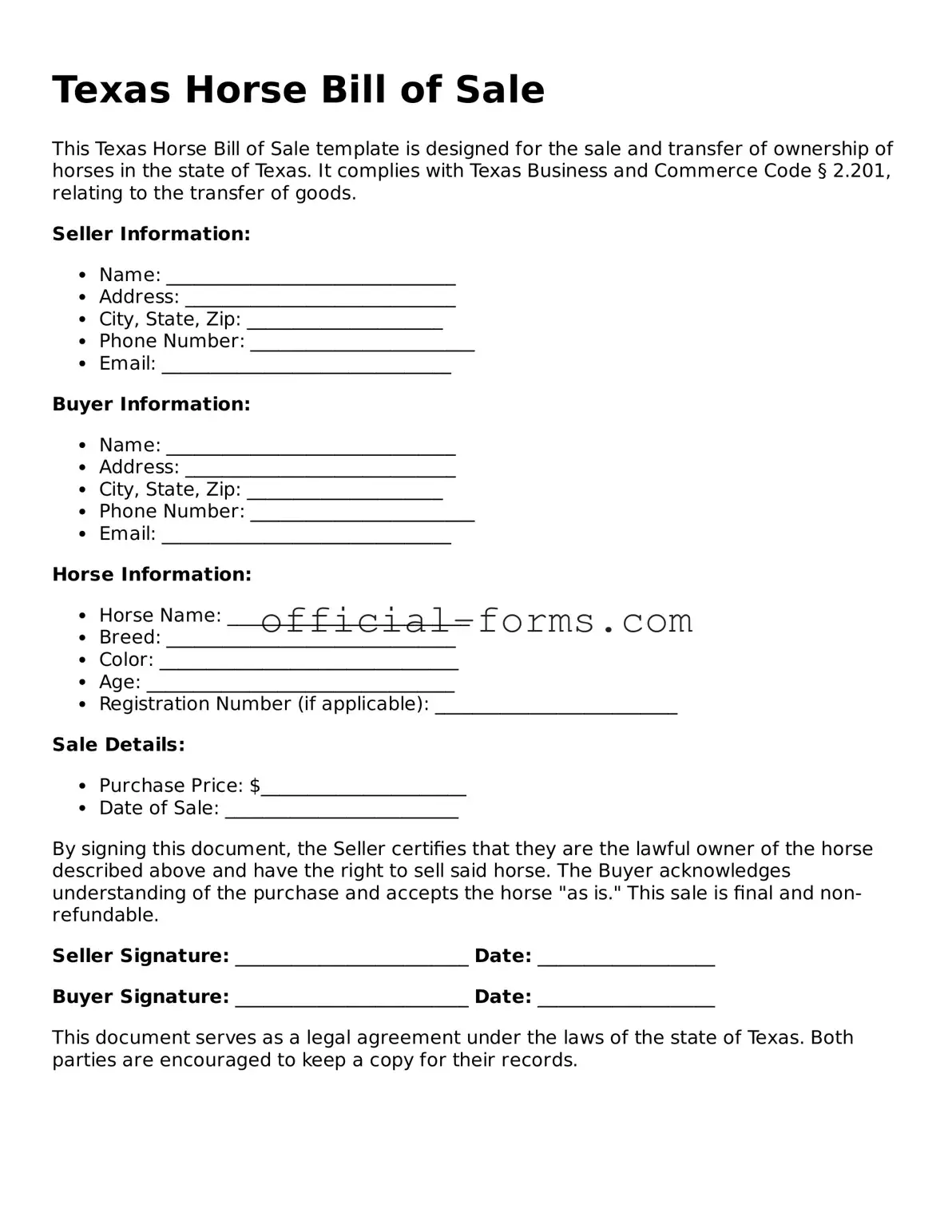 Official Texas Horse Bill of Sale Document