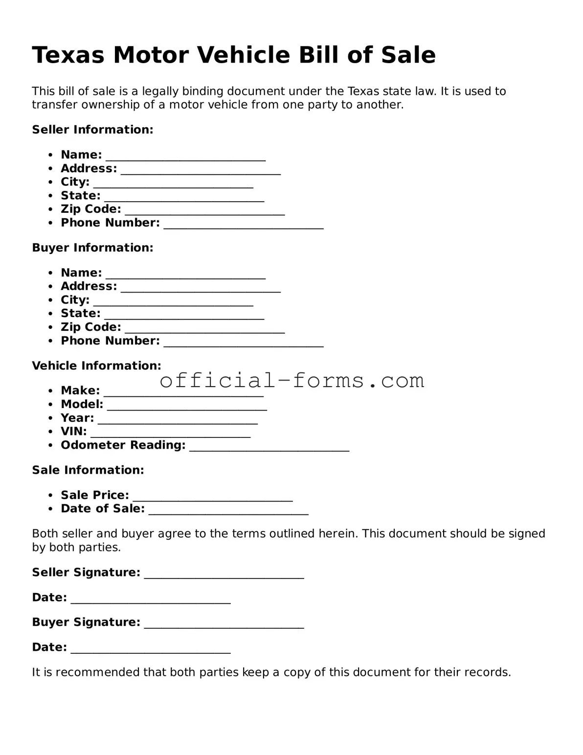 Official Texas Motor Vehicle Bill of Sale Document