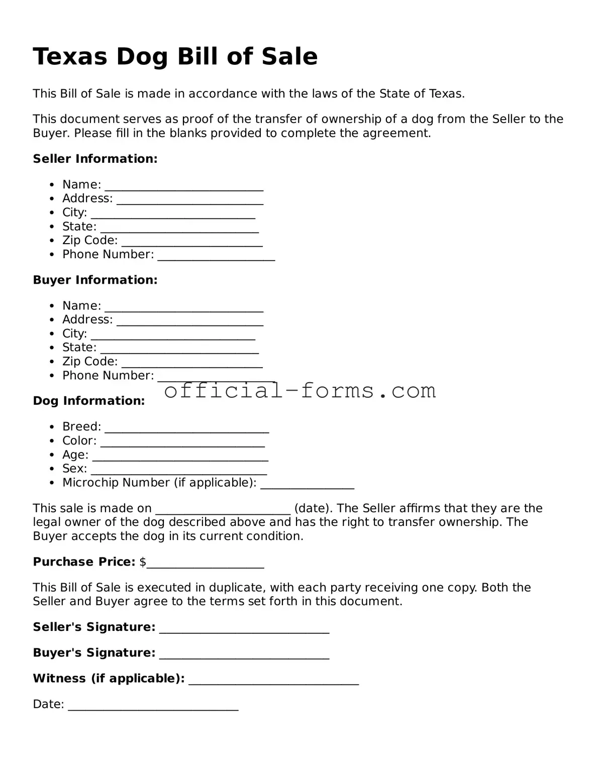 Official Texas Dog Bill of Sale Document