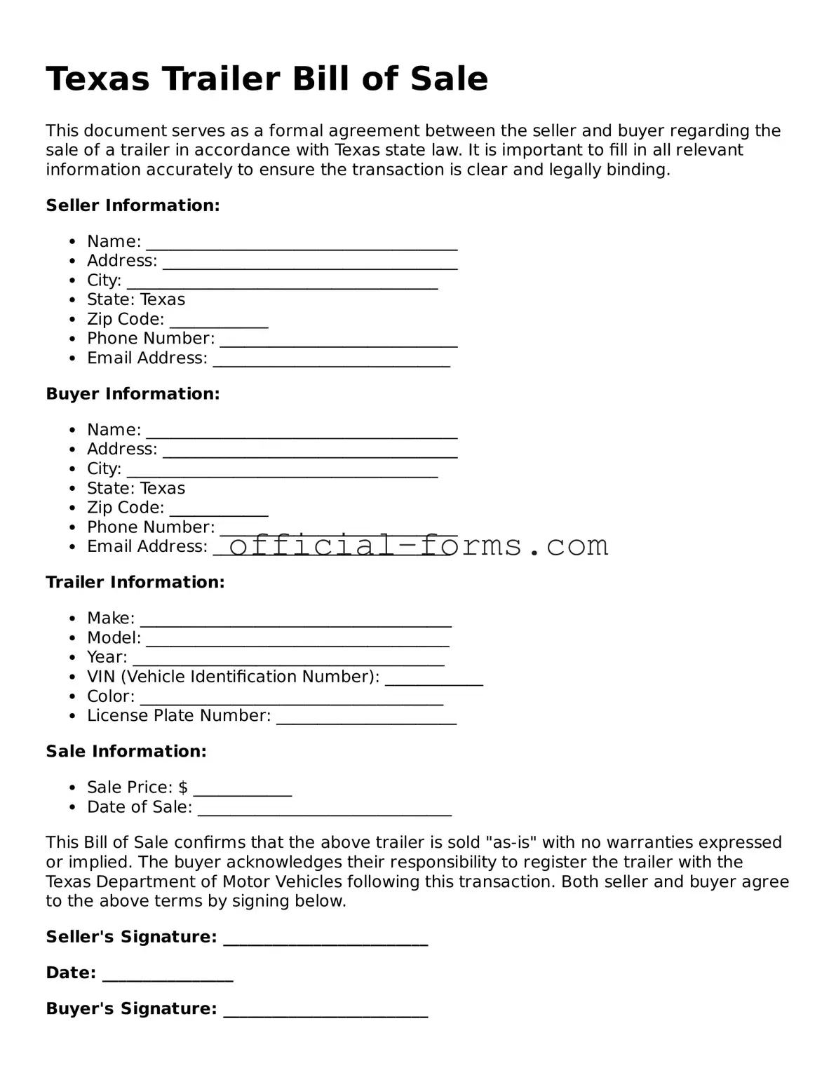 Official Texas Trailer Bill of Sale Document