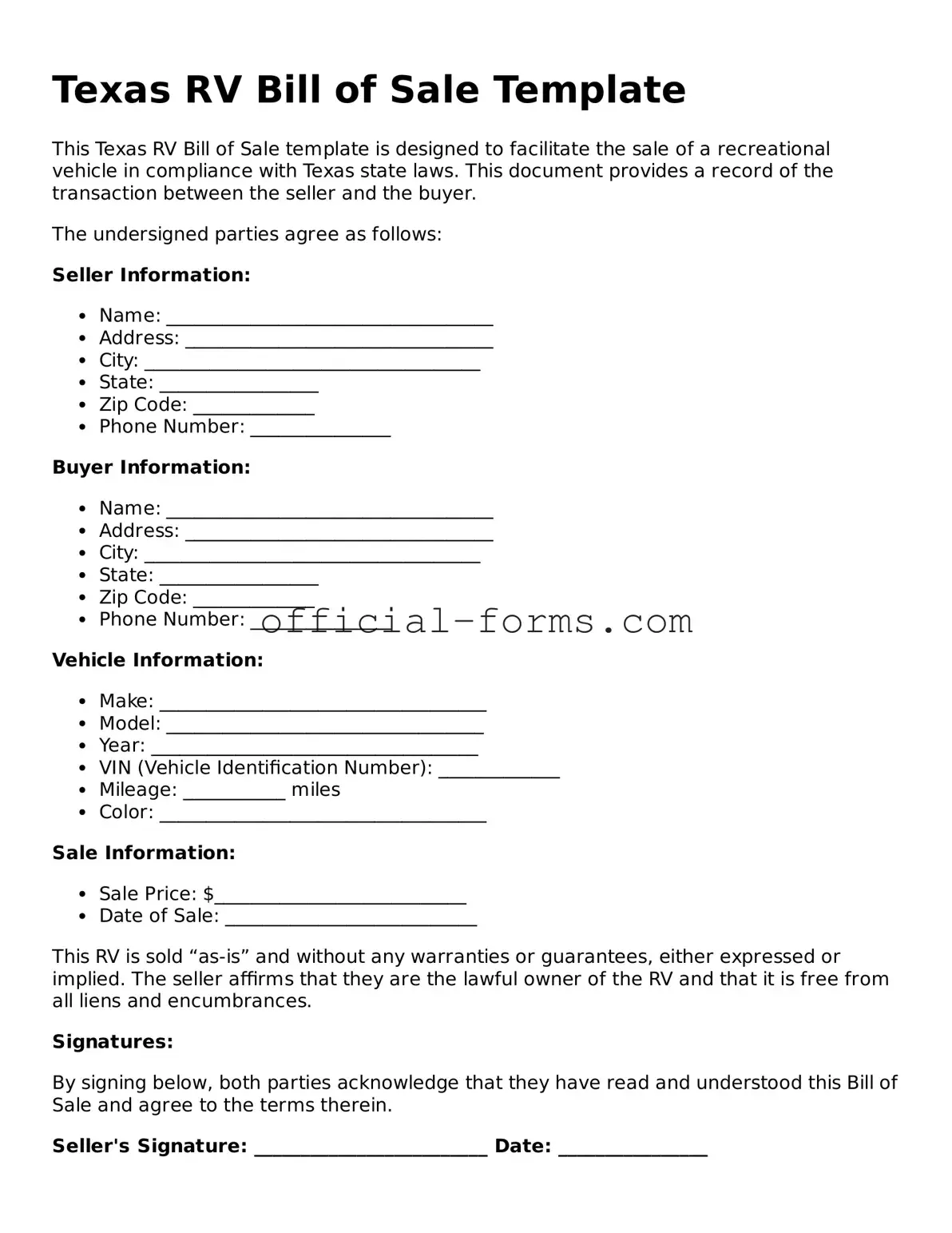 Official Texas RV Bill of Sale Document
