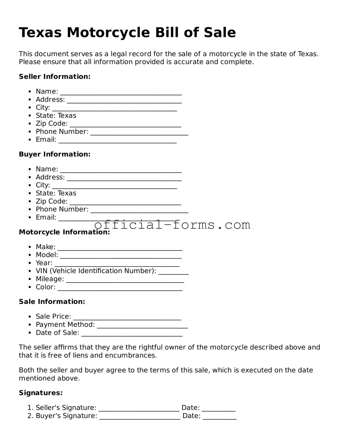 Official Texas Motorcycle Bill of Sale Document