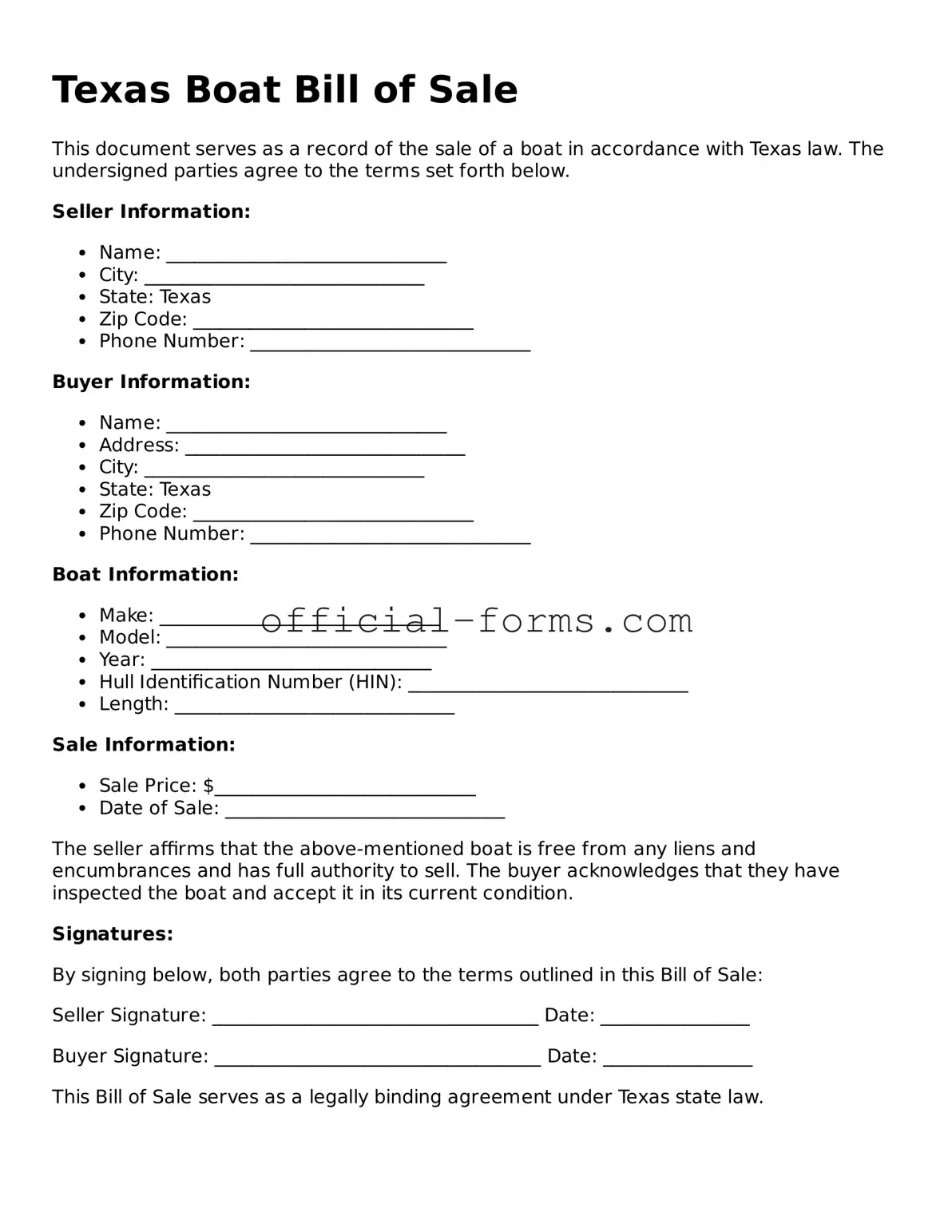 Official Texas Boat Bill of Sale Document