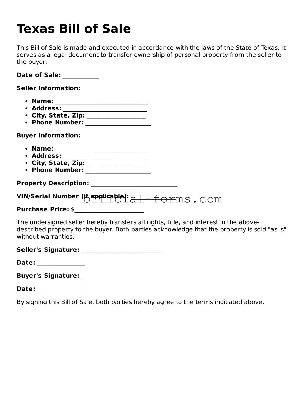 Official Texas Bill of Sale Document