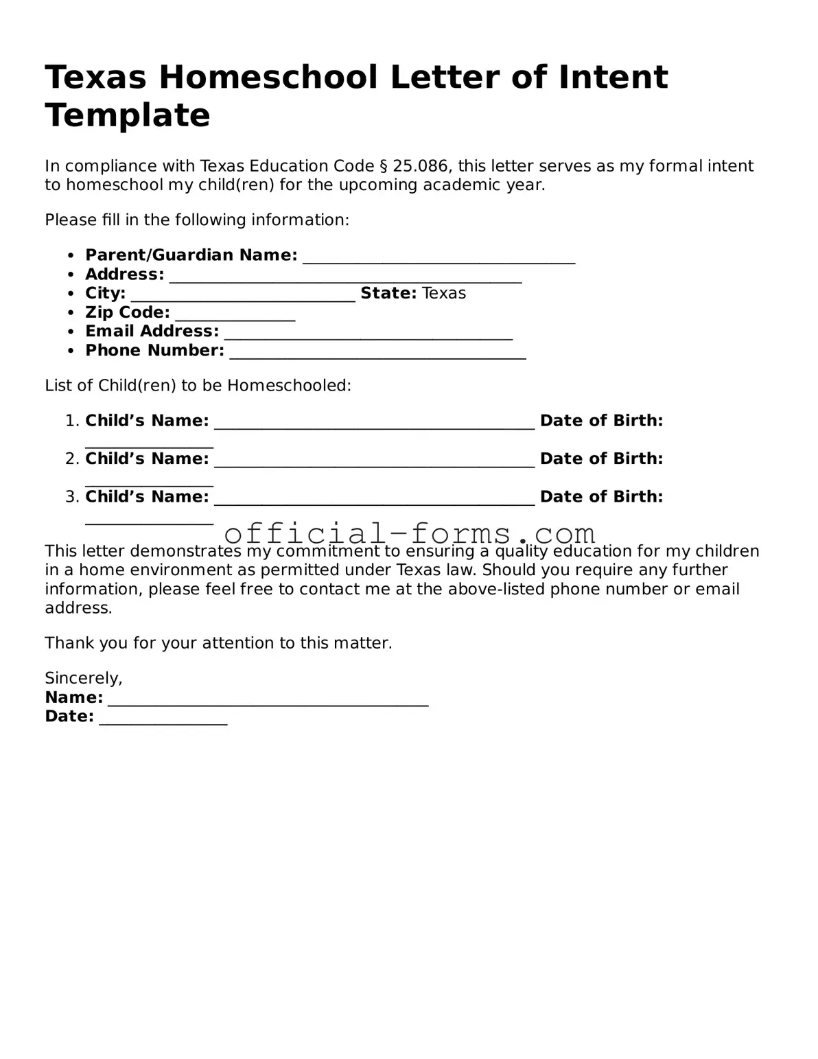 Official Texas Homeschool Letter of Intent Document