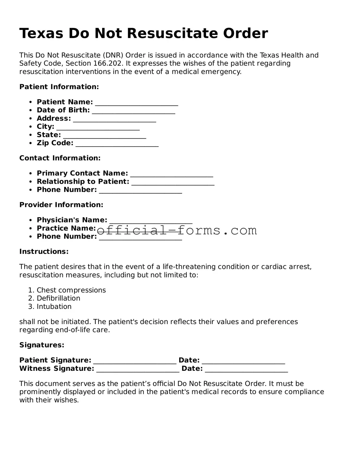 Official Texas Do Not Resuscitate Order Document