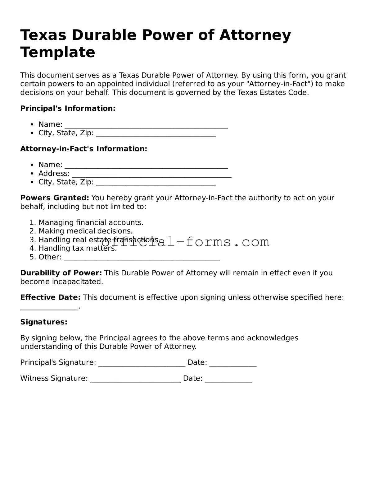 Official Texas Durable Power of Attorney Document