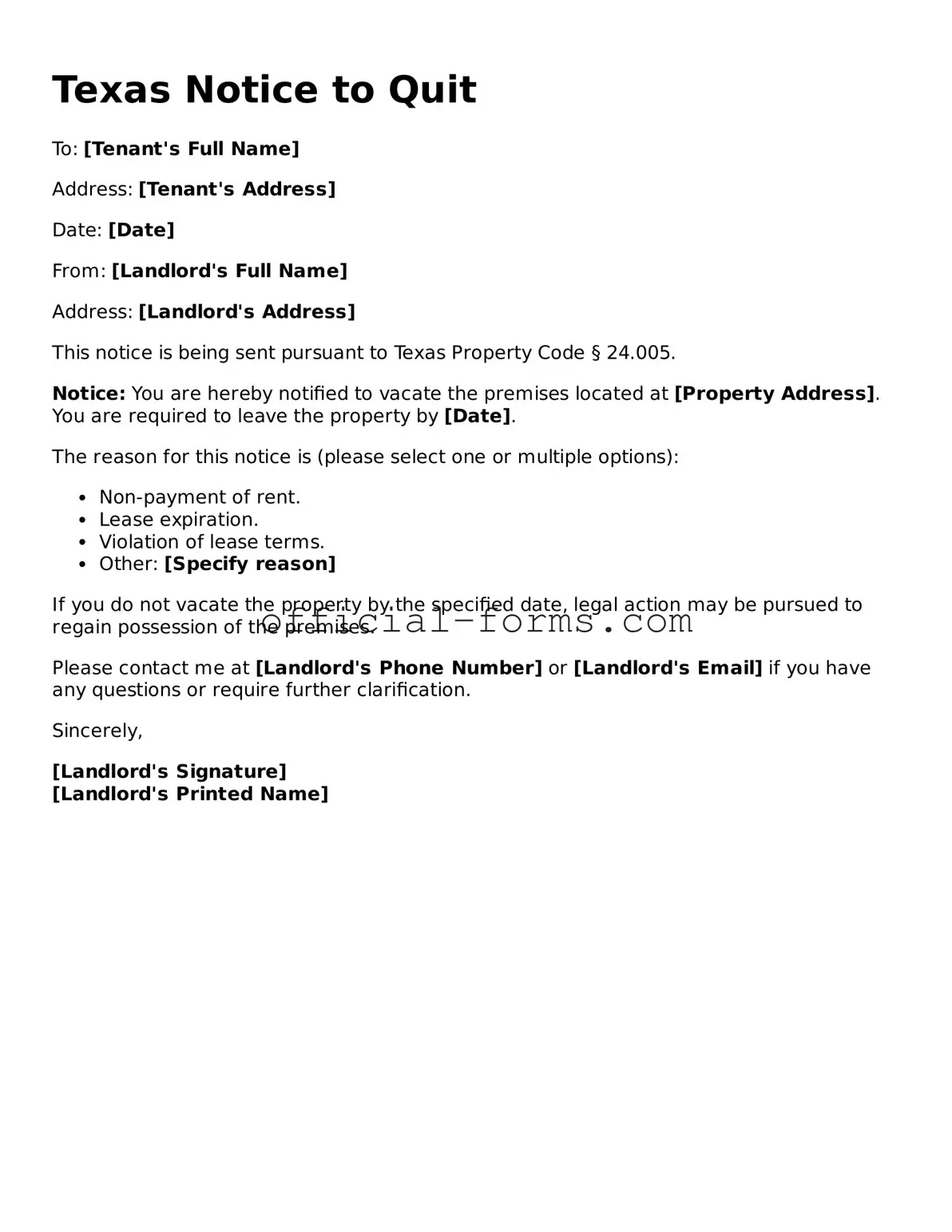 Official Texas Notice to Quit Document