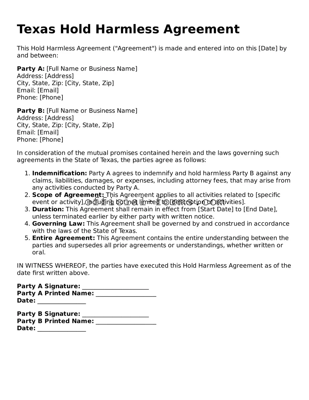 Official Texas Hold Harmless Agreement Document