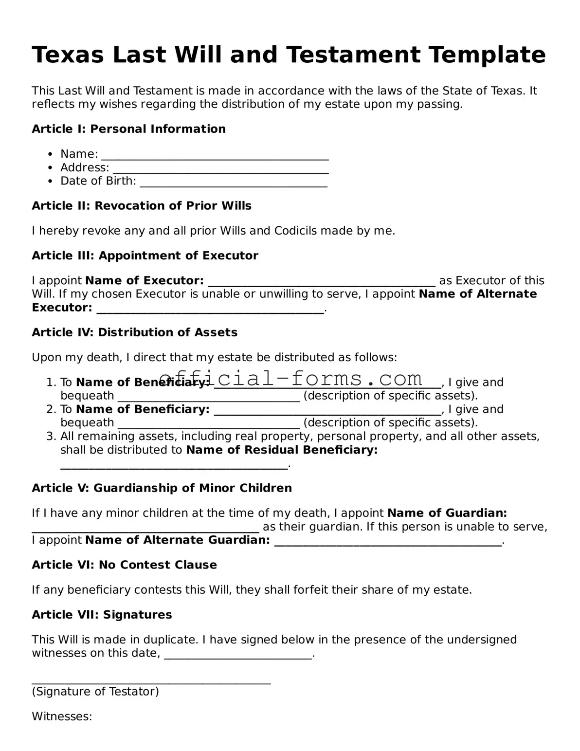 Official Texas Last Will and Testament Document