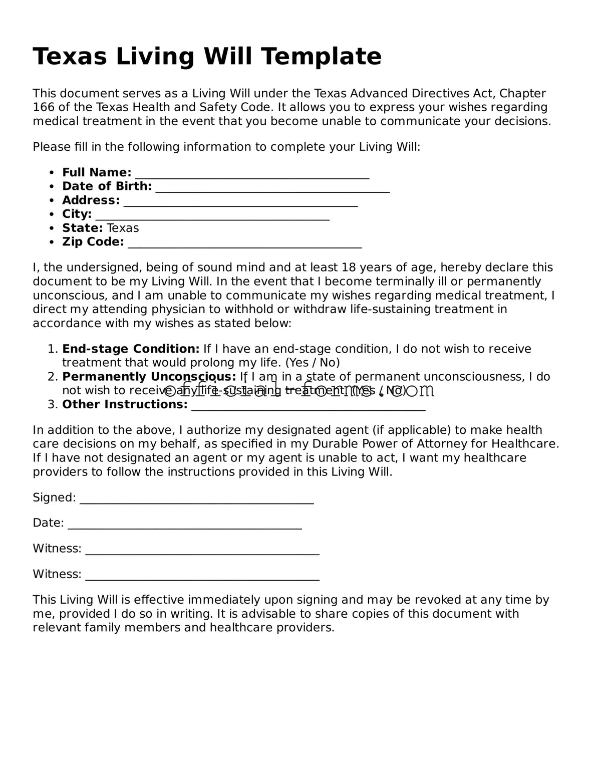 Official Texas Living Will Document
