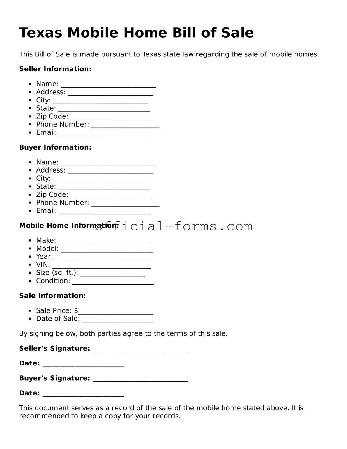 Official Texas Mobile Home Bill of Sale Document