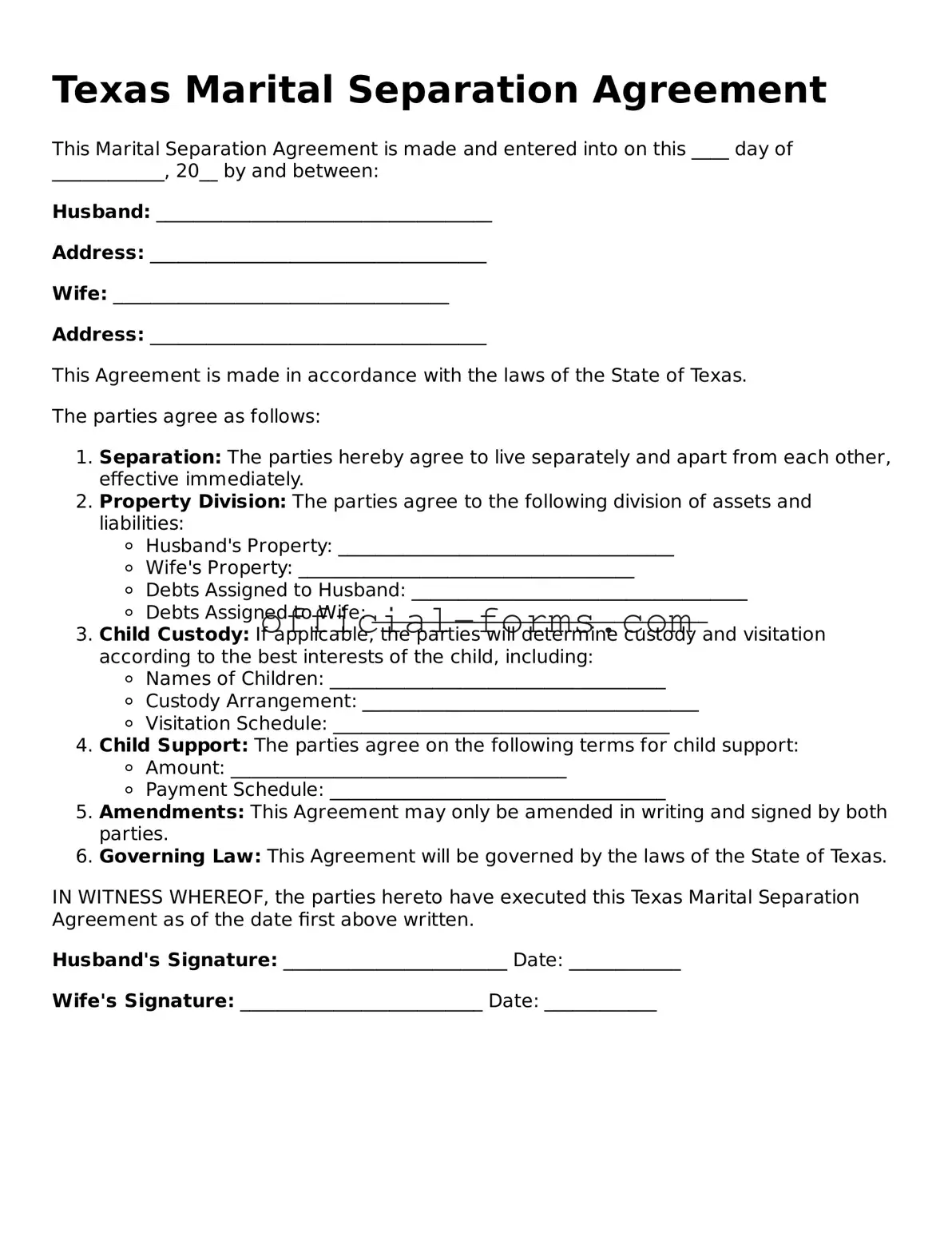 Official Texas Marital Separation Agreement Document