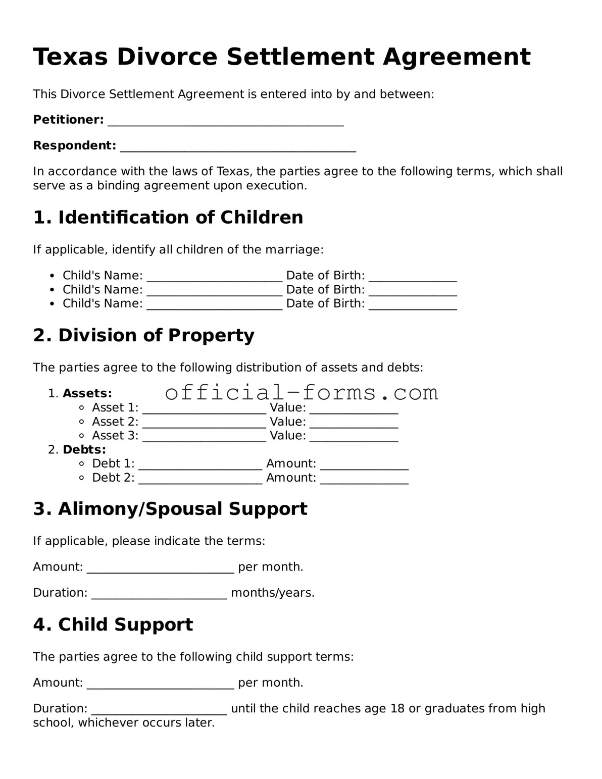 Official Texas Divorce Settlement Agreement Document