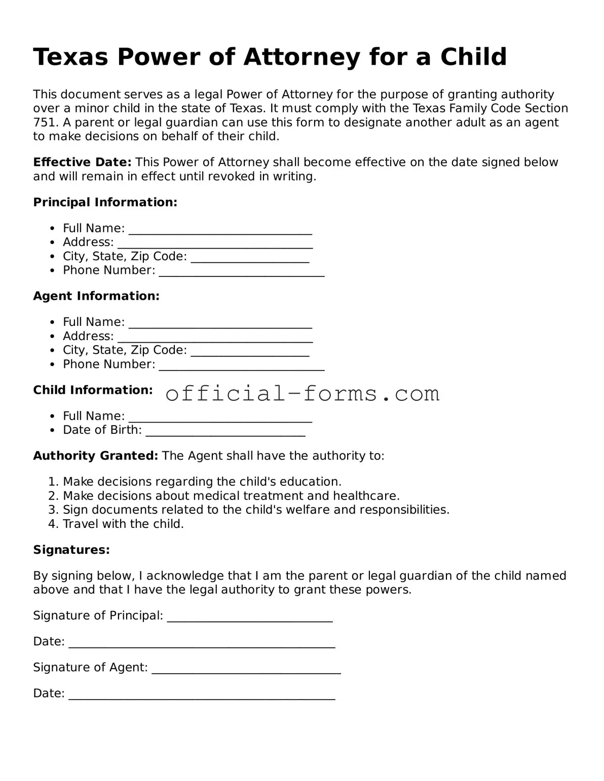 Official Texas Power of Attorney for a Child Document
