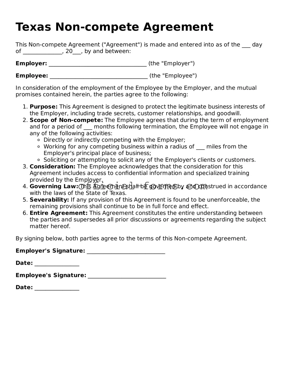 Official Texas Non-compete Agreement Document