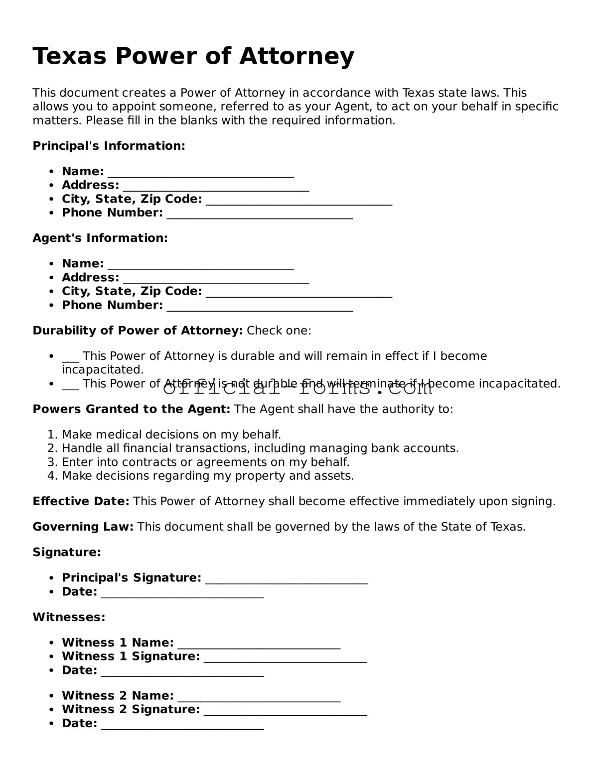 Official Texas Power of Attorney Document