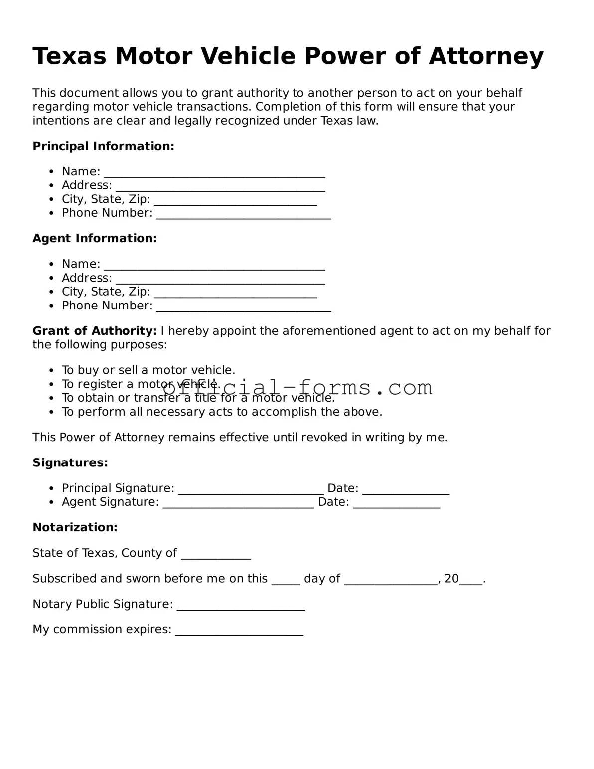 Official Texas Motor Vehicle Power of Attorney Document