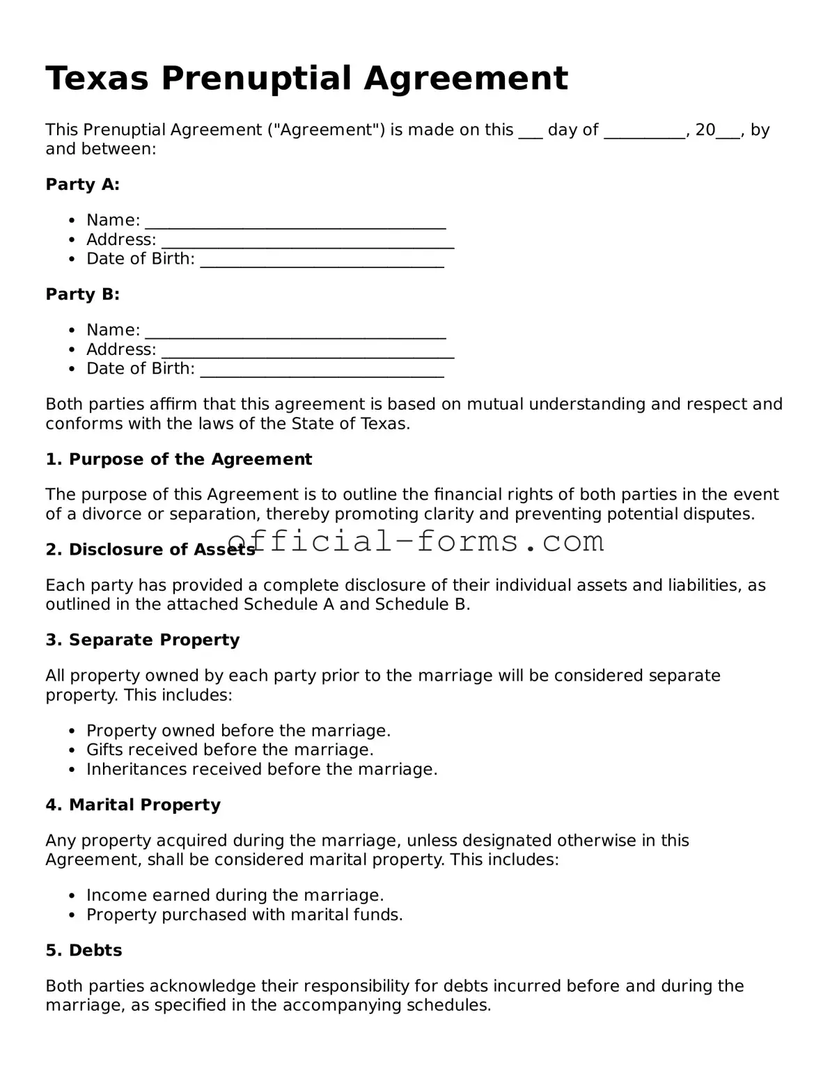 Official Texas Prenuptial Agreement Document