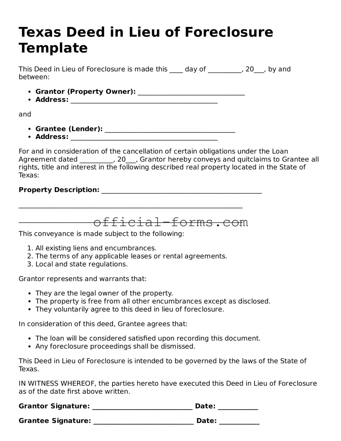Official Texas Deed in Lieu of Foreclosure Document