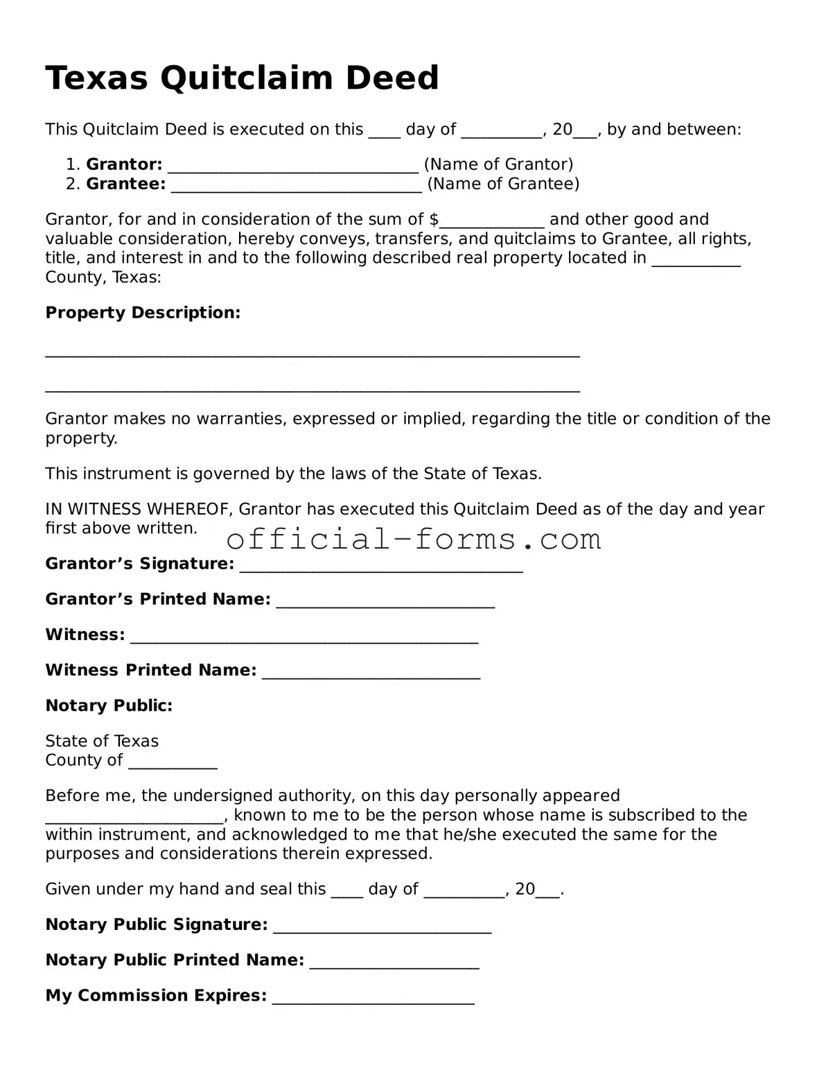 Official Texas Quitclaim Deed Document