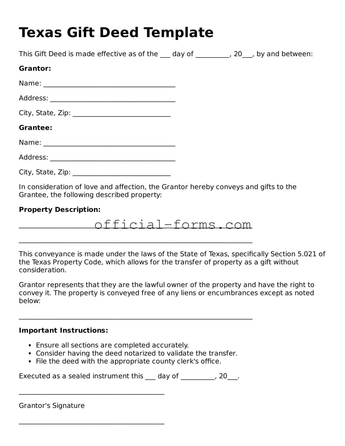 Official Texas Gift Deed Document