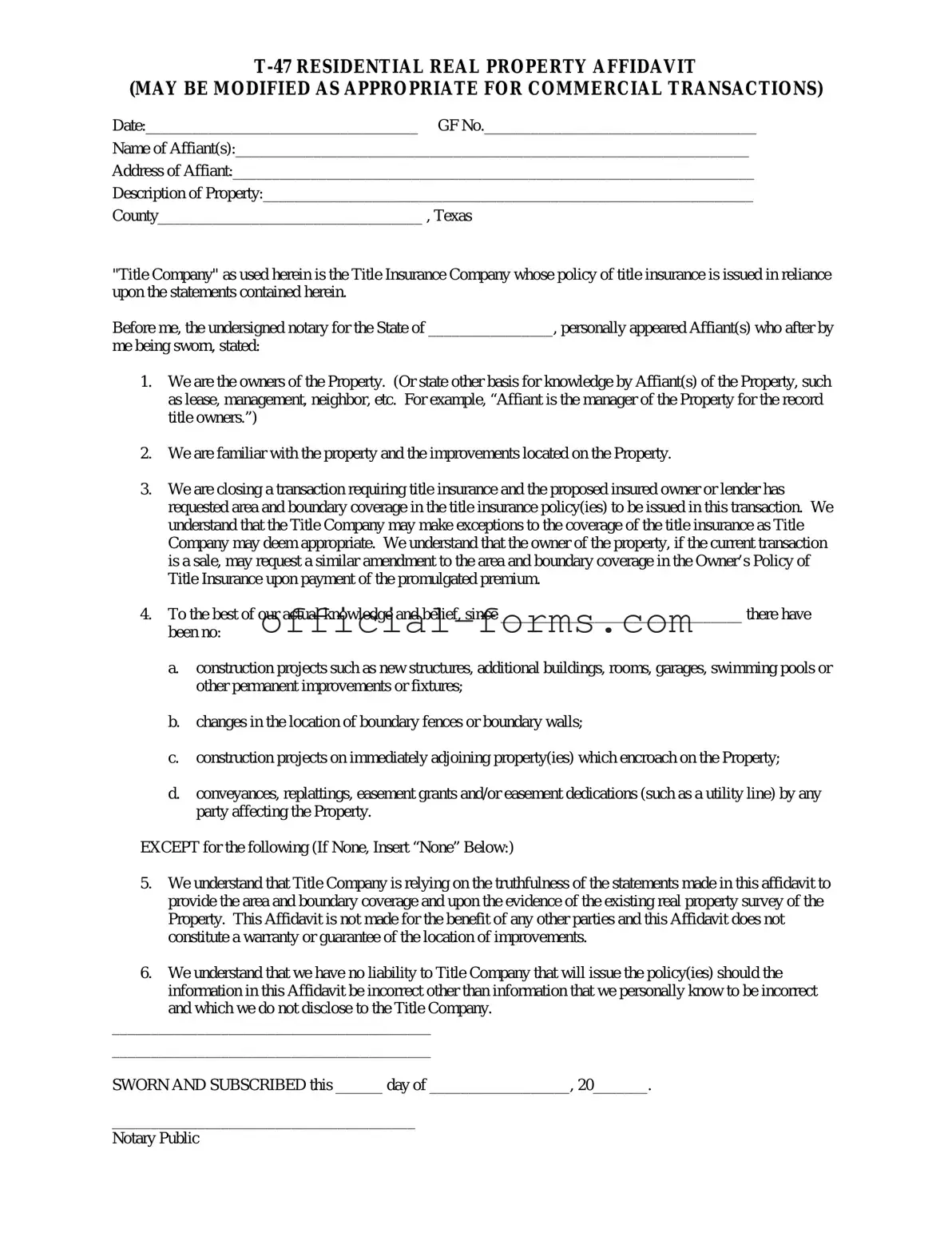 Blank Texas residential property affidavit T-47 Form