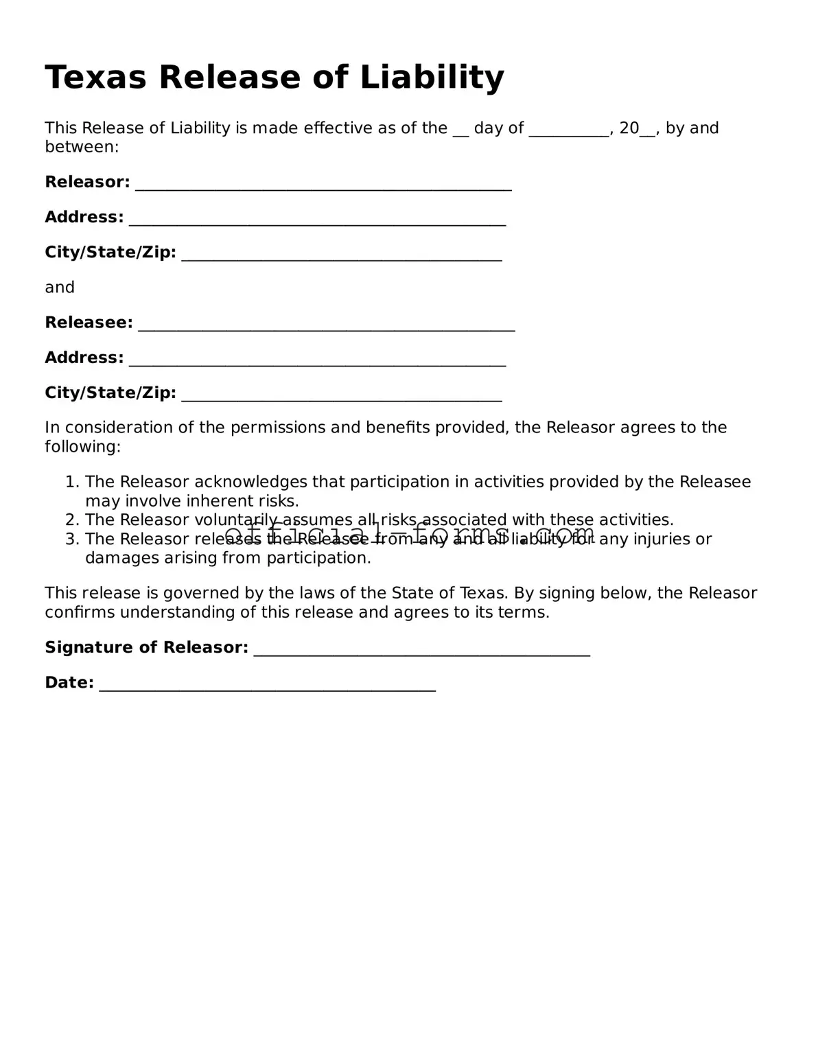 Official Texas Release of Liability Document