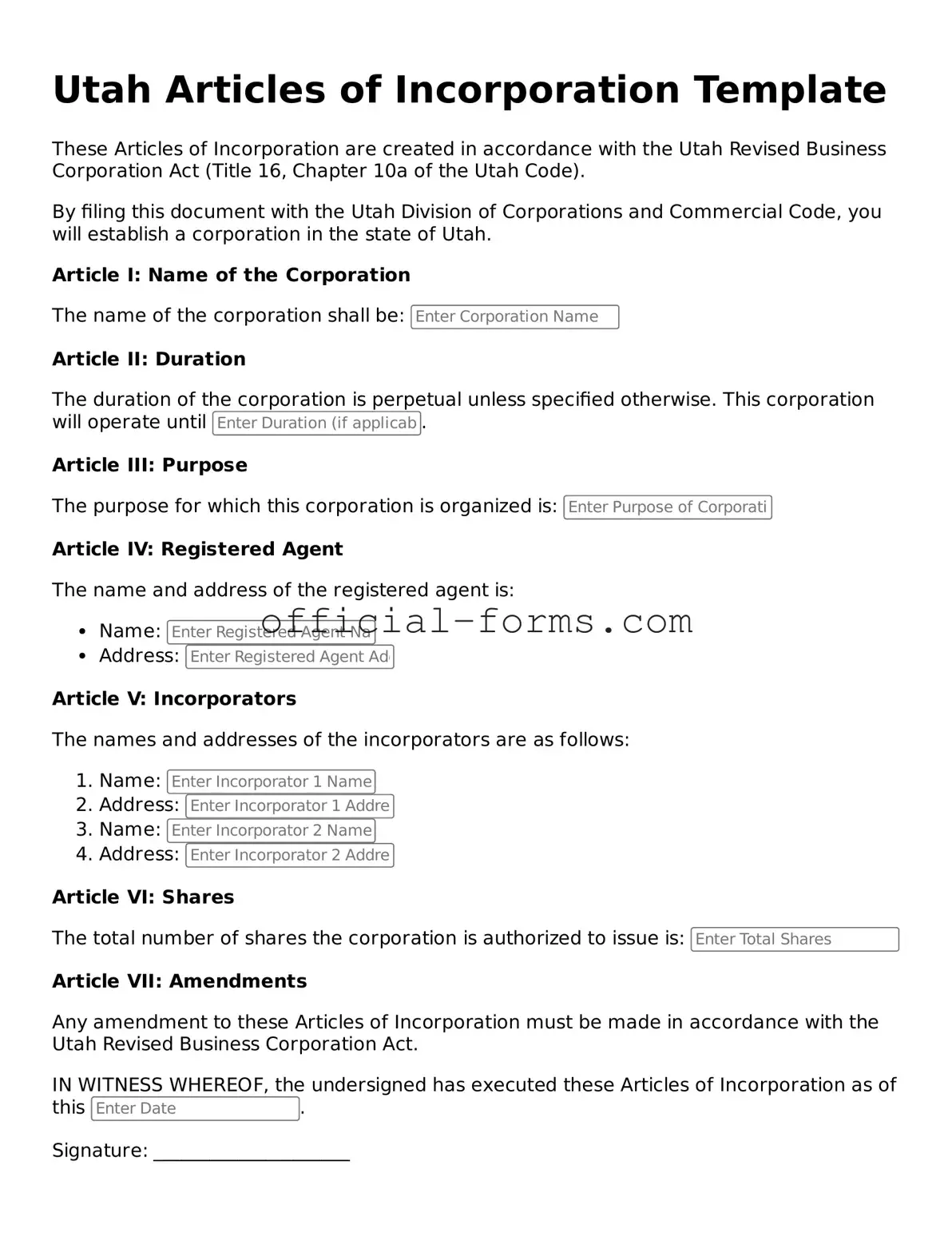 Official Utah Articles of Incorporation Document