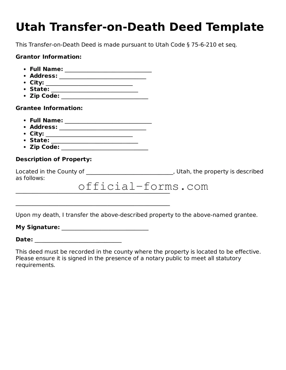 Official Utah Transfer-on-Death Deed Document
