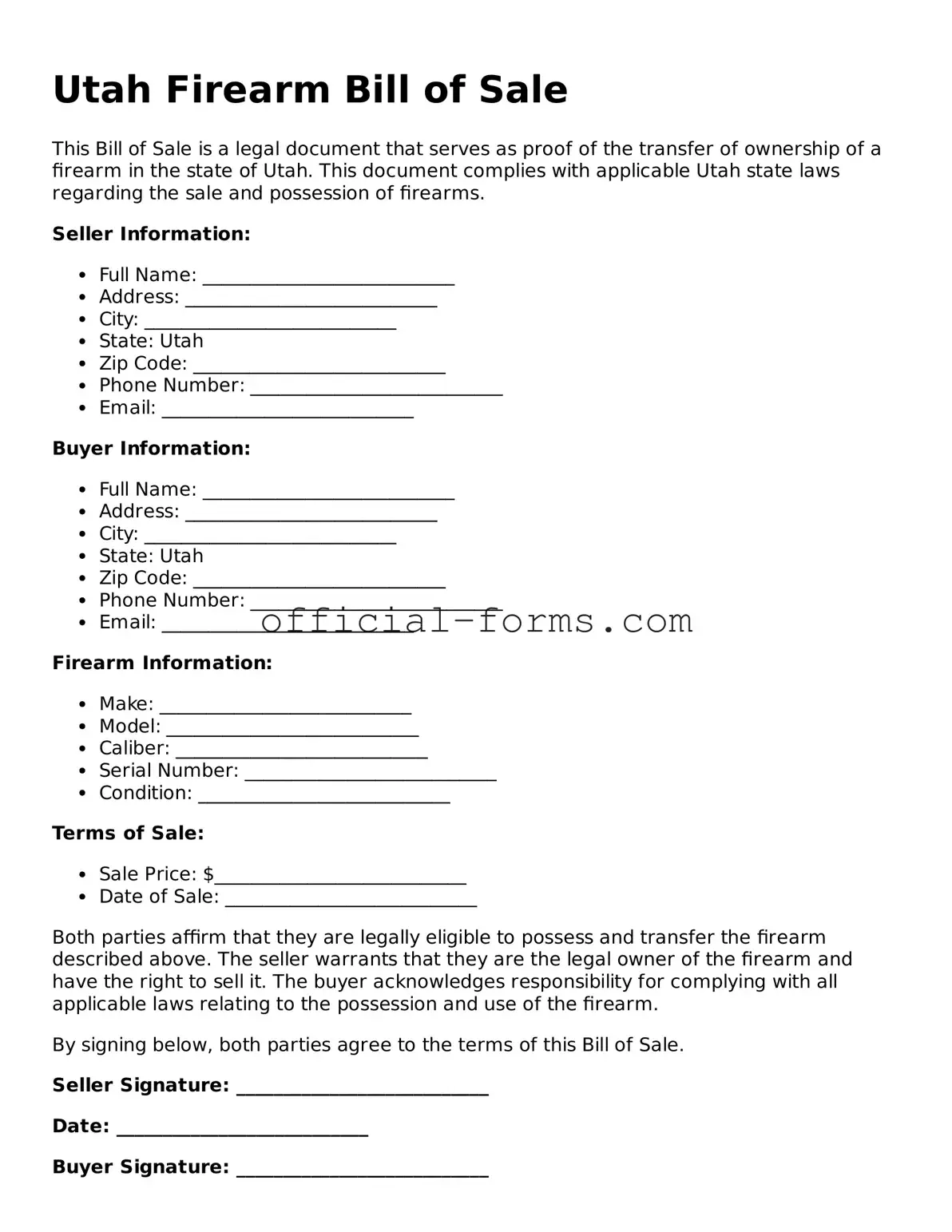 Official Utah Firearm Bill of Sale Document