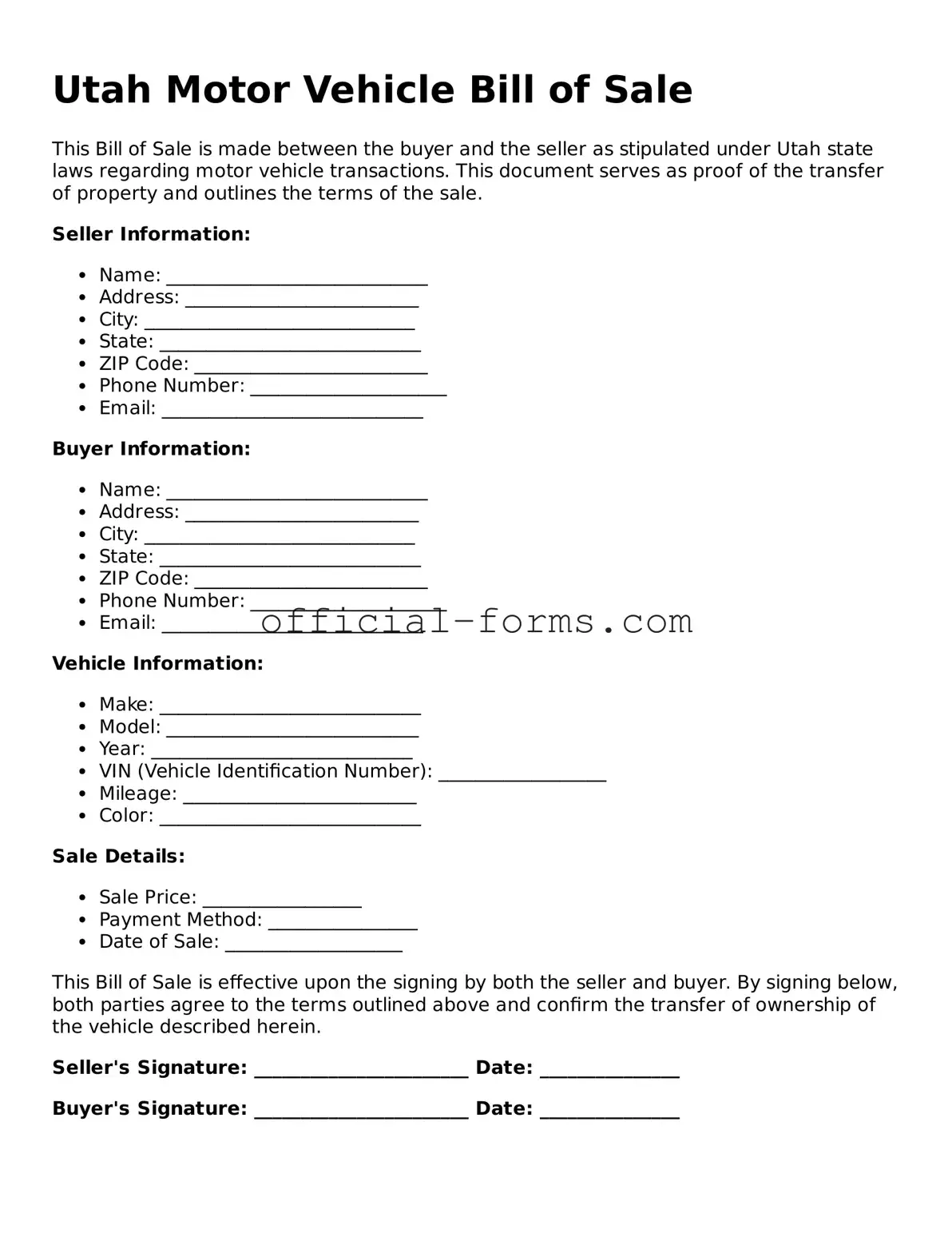 Official Utah Motor Vehicle Bill of Sale Document