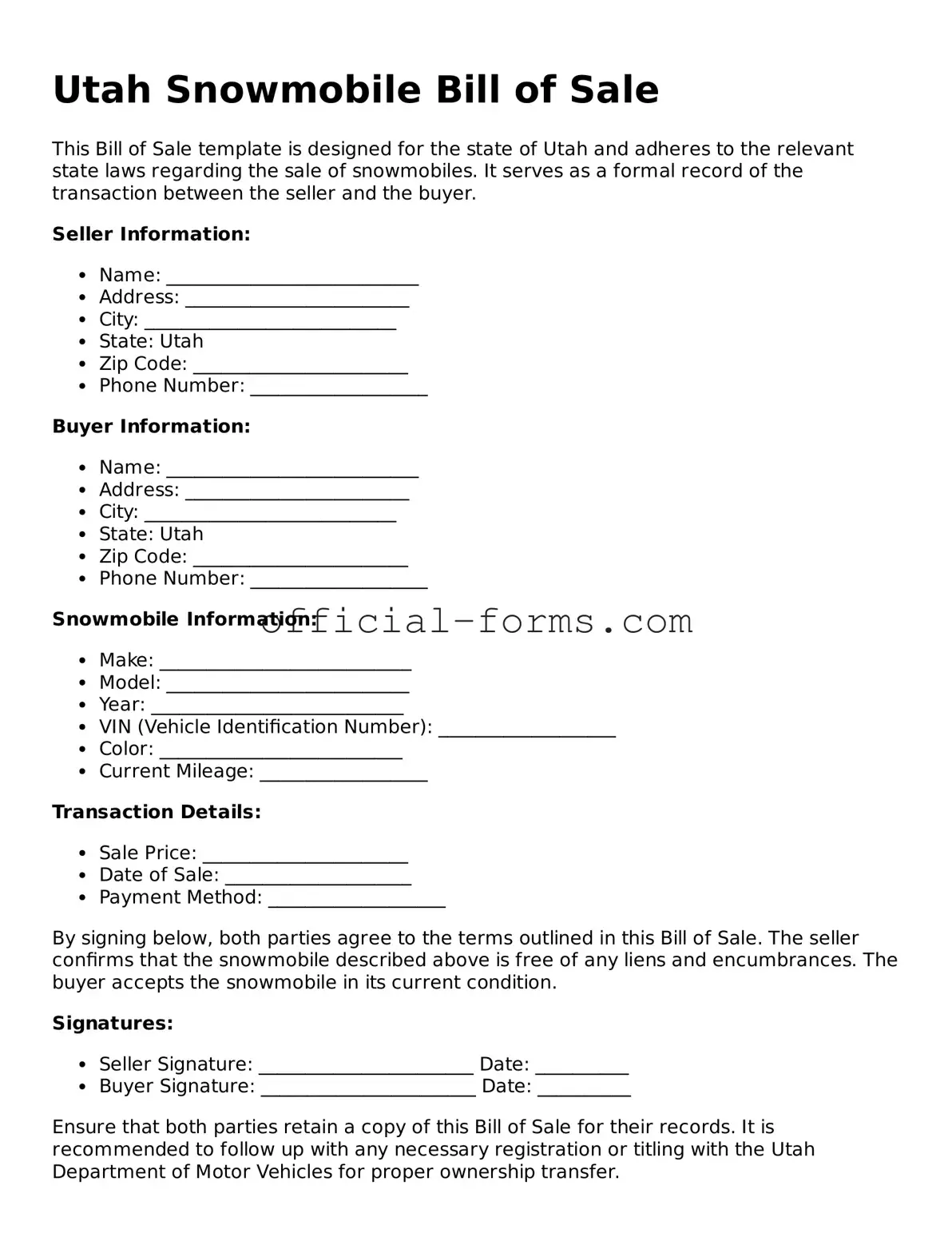 Official Utah Snowmobile Bill of Sale Document