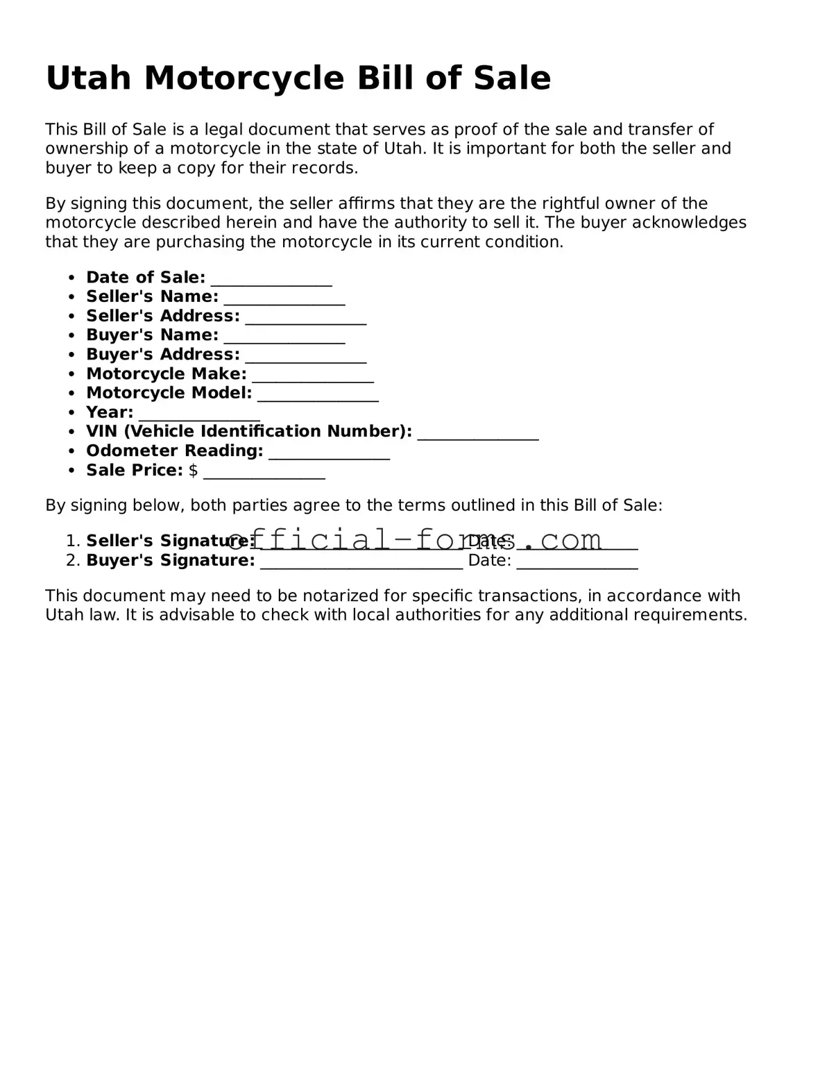 Official Utah Motorcycle Bill of Sale Document