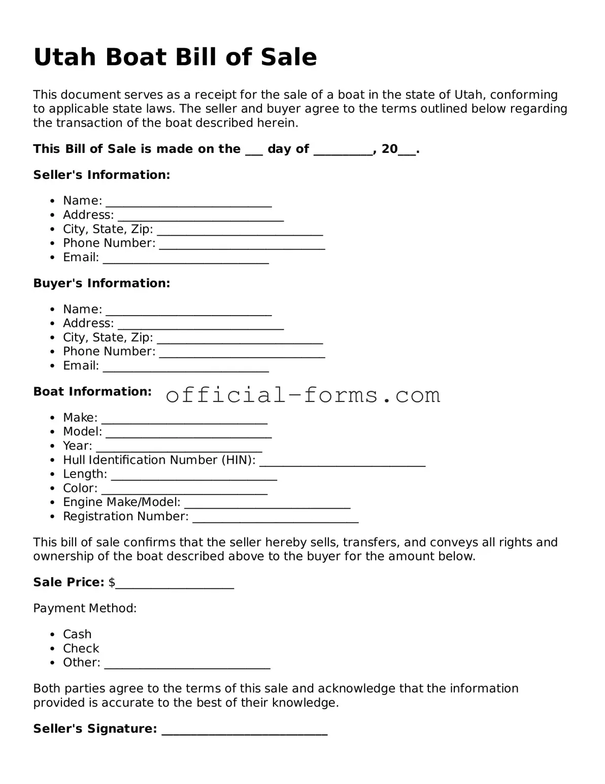 Official Utah Boat Bill of Sale Document