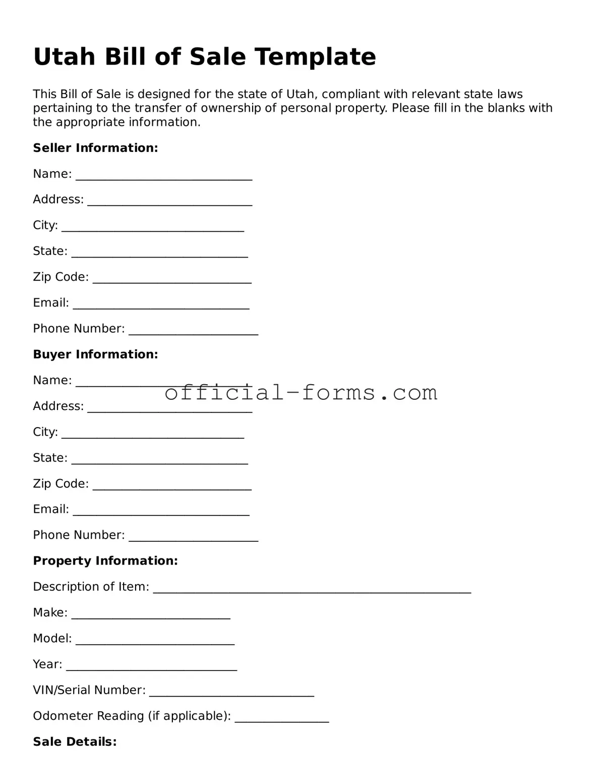Official Utah Bill of Sale Document